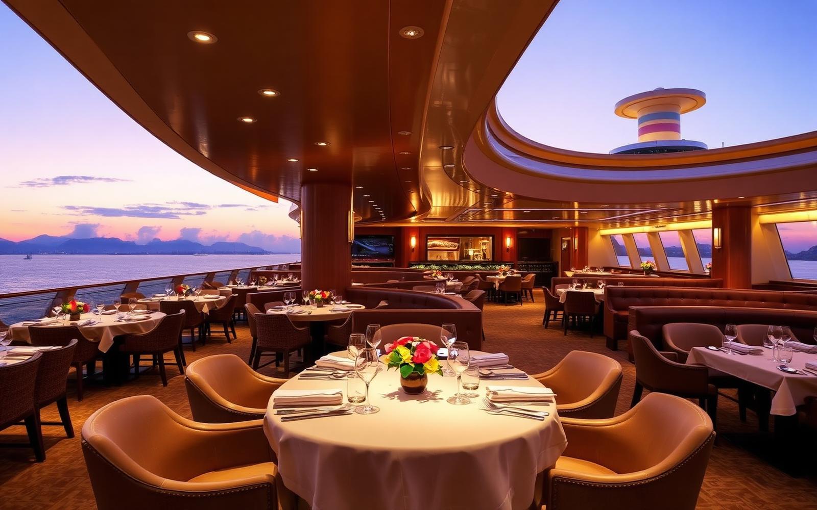 Elegant cruise ship dining room at dusk with ocean views