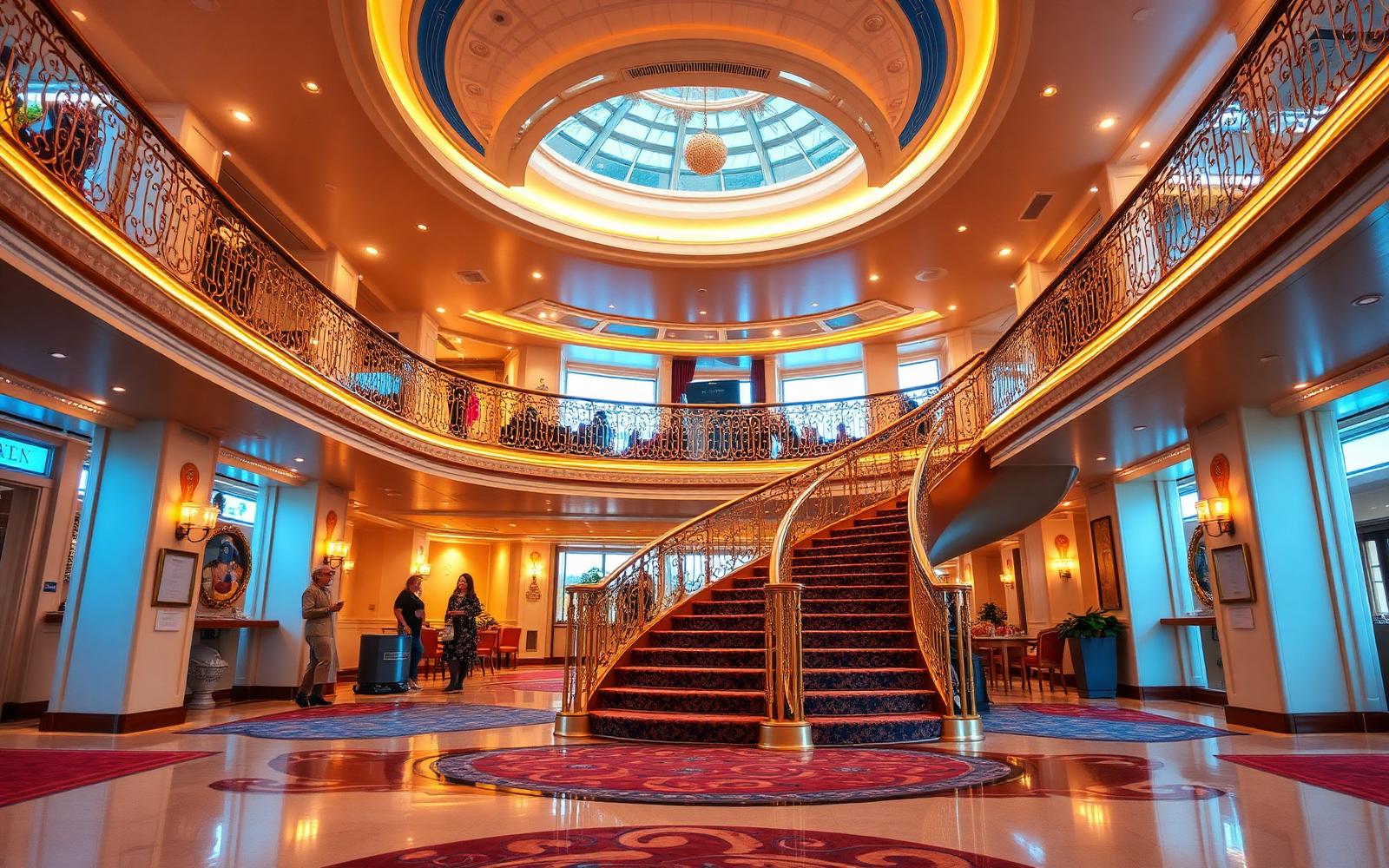 Grand cruise ship atrium with a sweeping staircase and warm lighting