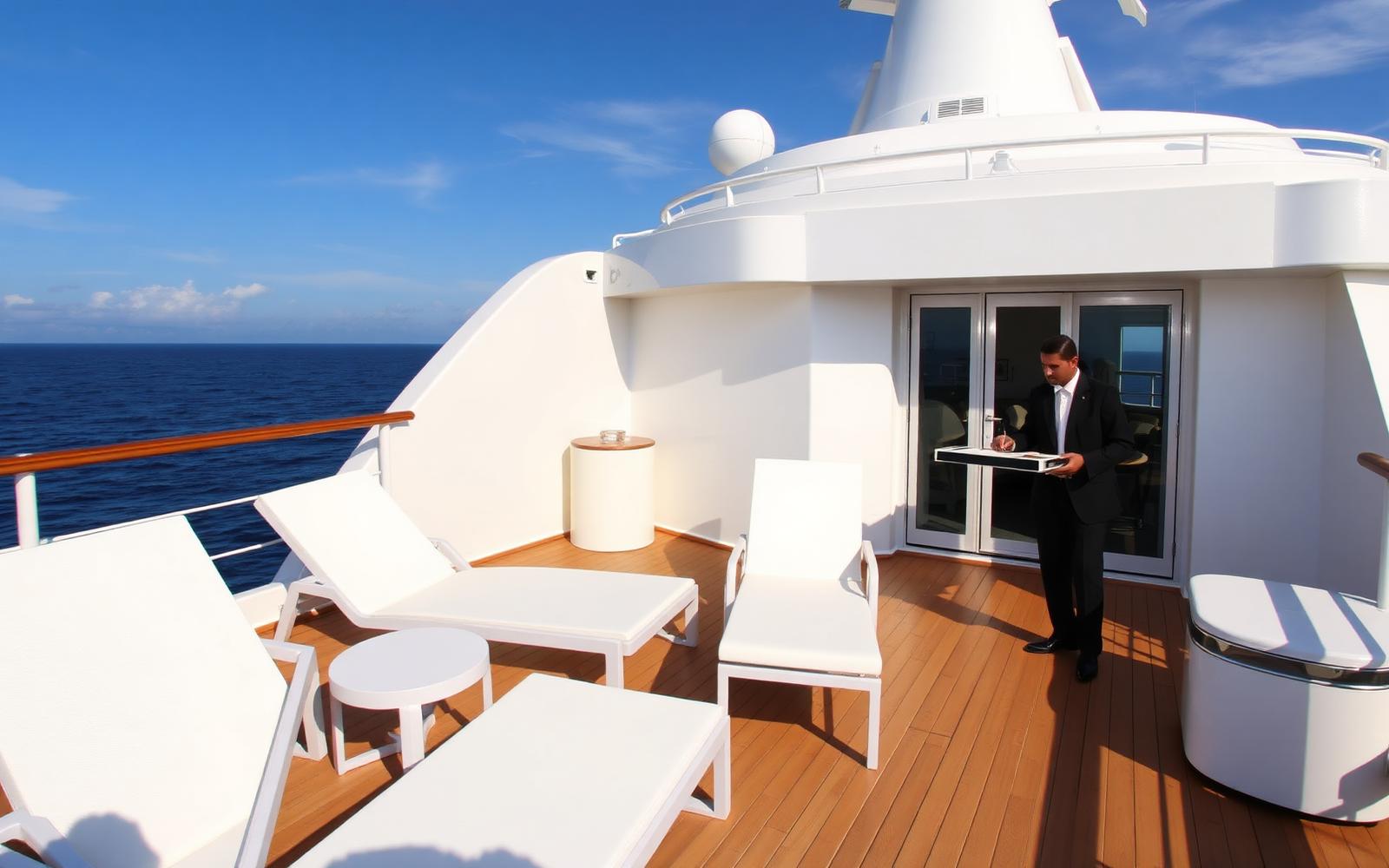 Exclusive private cruise ship sundeck with white loungers and butler service