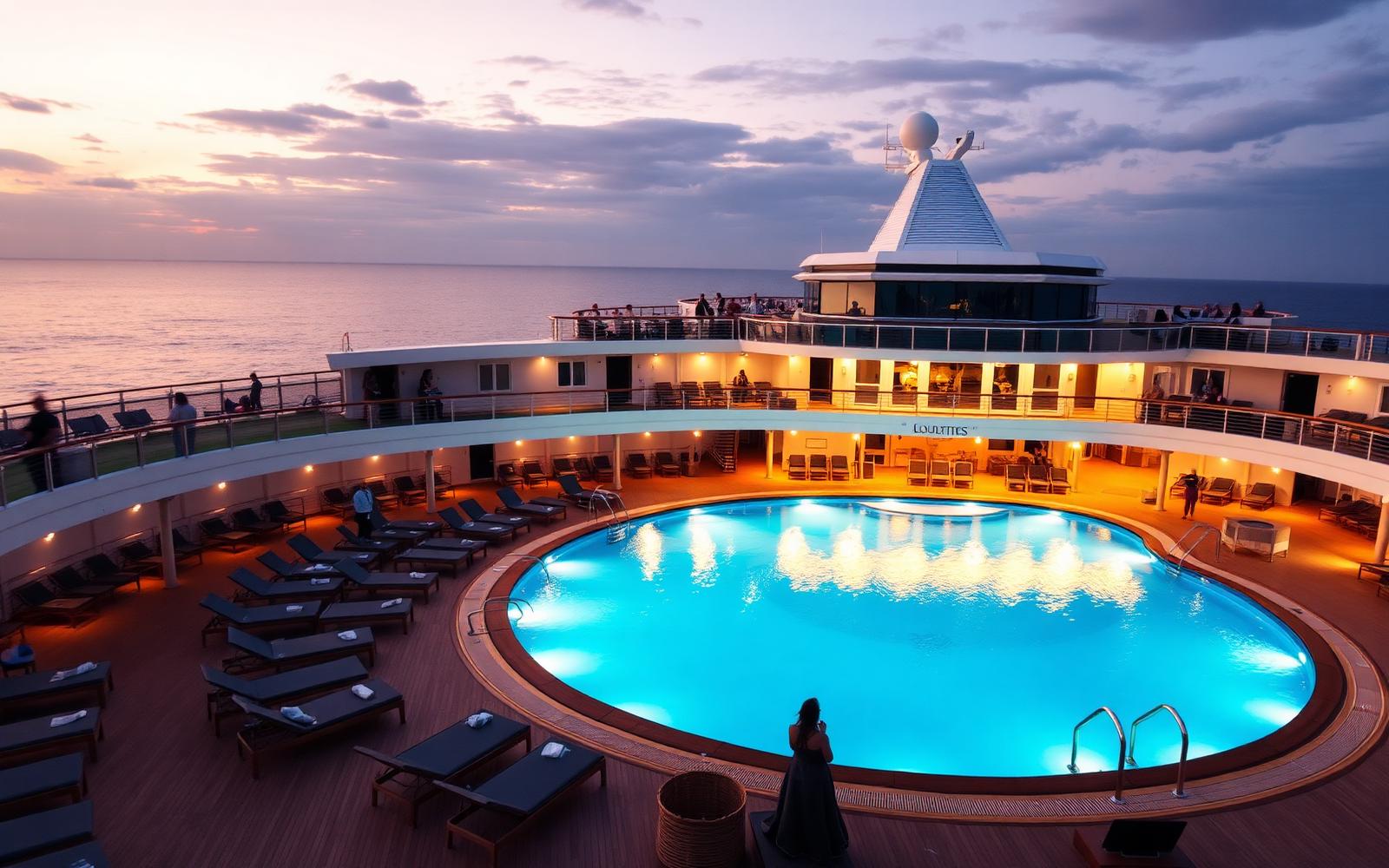 Cruise ship pool deck at sunset with loungers and warm lighting