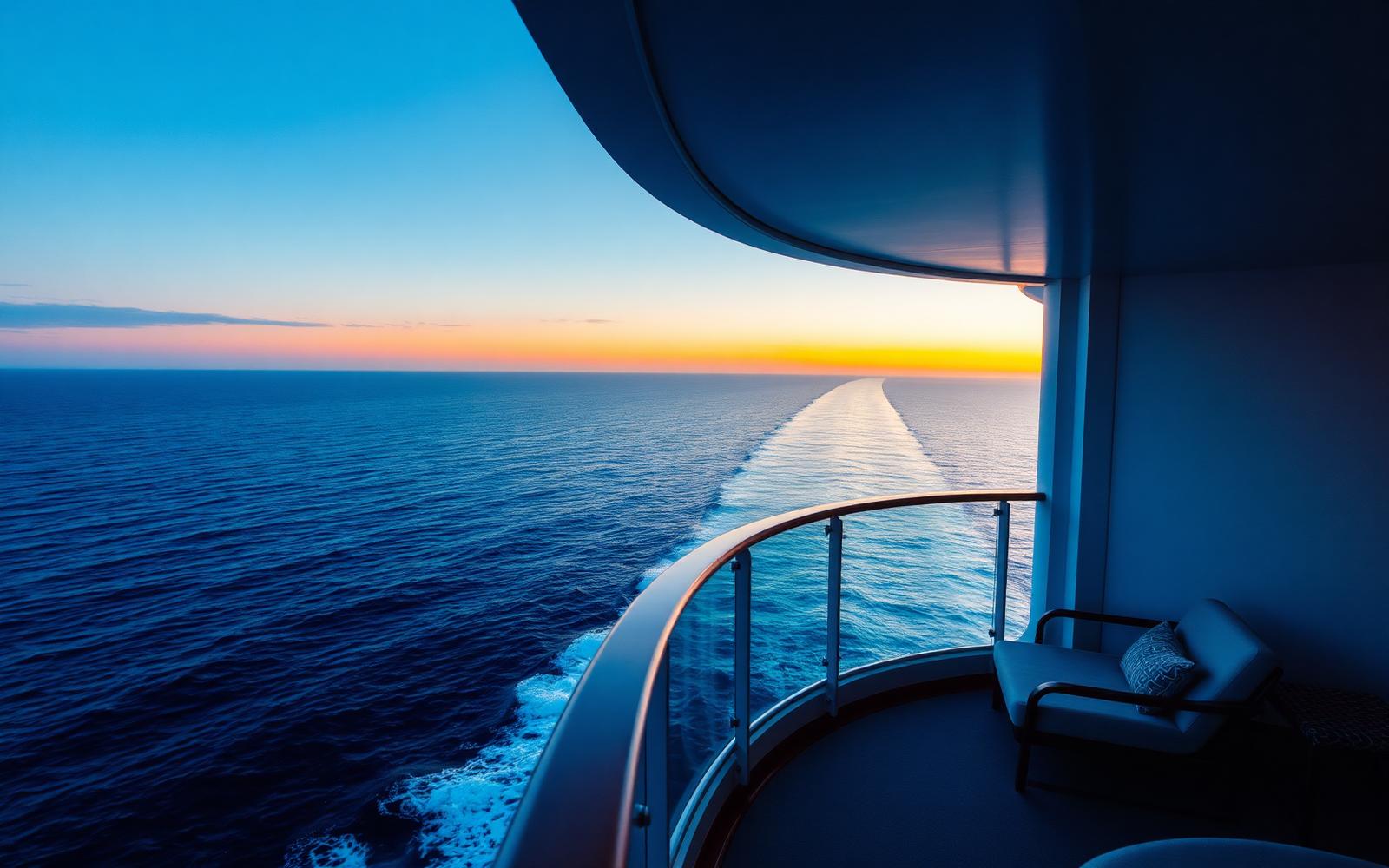 Cruise ship balcony overlooking open ocean at sunrise