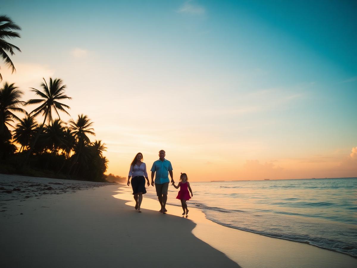 Family walking along a tropical shoreline at sunset