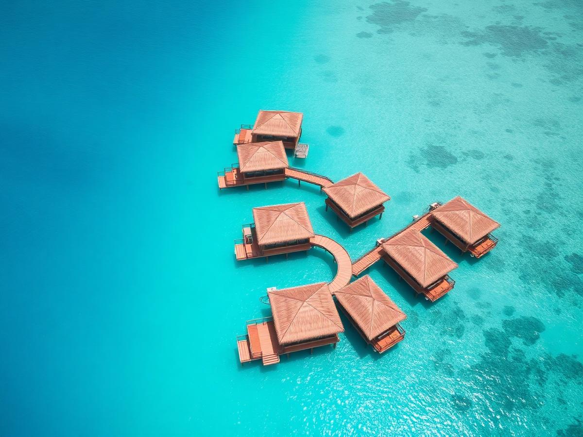 Overwater bungalows above a turquoise lagoon