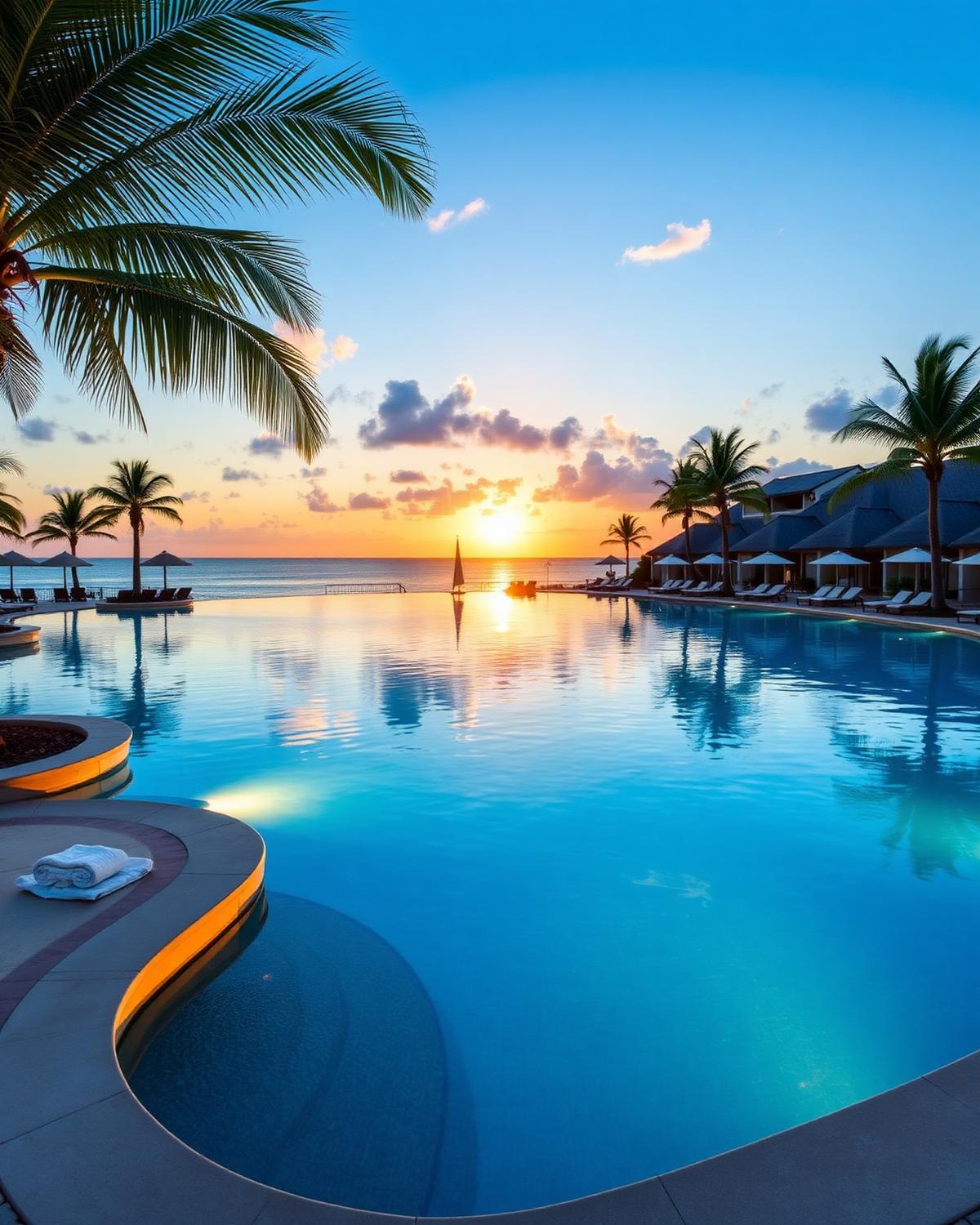Infinity pool at a luxury all-inclusive resort at golden hour